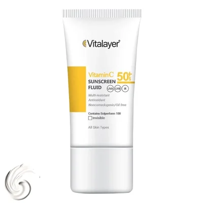 فلوئید ضدآفتاب بی‌رنگ ویتالیر SPF50 مدل Vitamin C مناسب انواع پوست، حجم 50 میلی‌لیتر